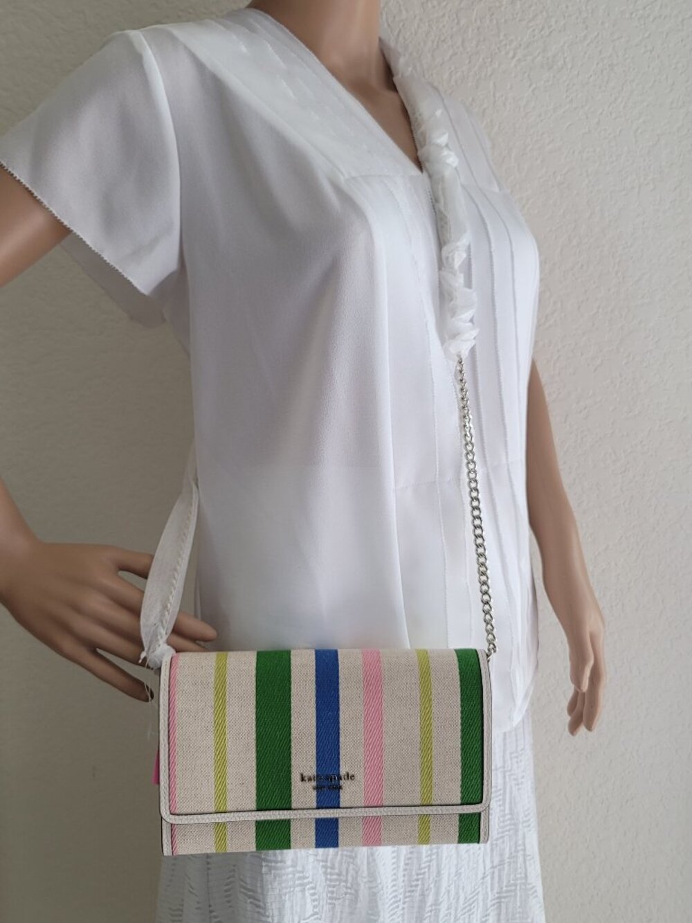 KATE SPADE Bradley Striped Canvas & Leather Large Wallet on Chain Crossbody ⭐ - Picture 16 of 16